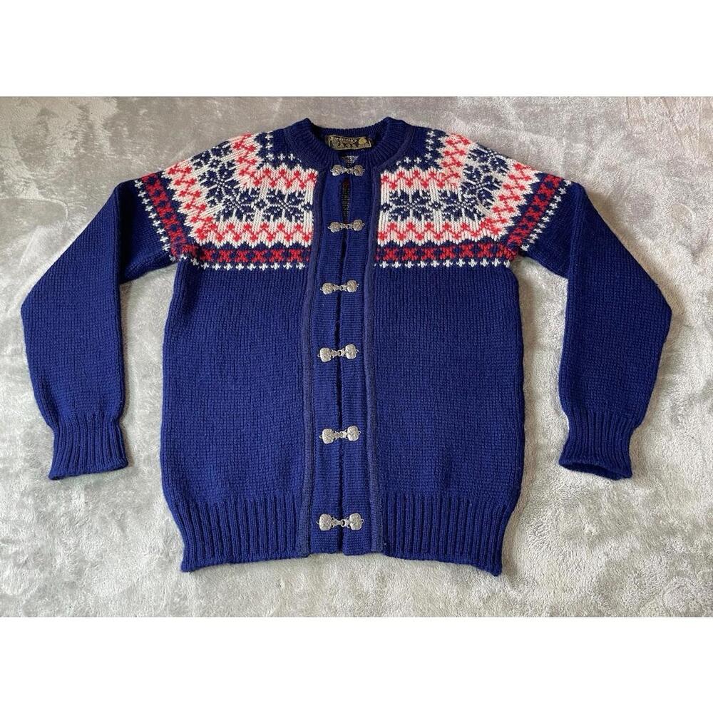 Vintage Nordstrikk Fair Isle Blue Wool Cardigan Pewter Clasp M-54, W-48